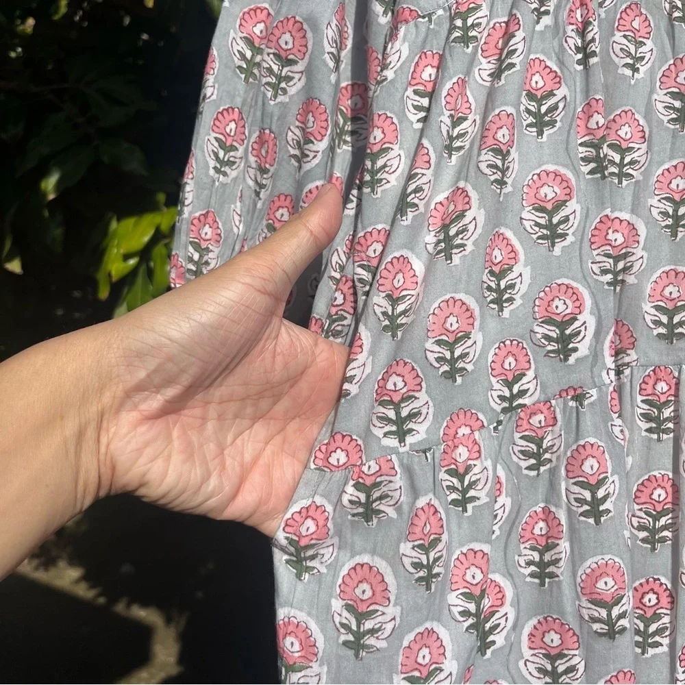MAREA green pink floral border print cotton puff sleeve tiered mini dress - Picture 3 of 9